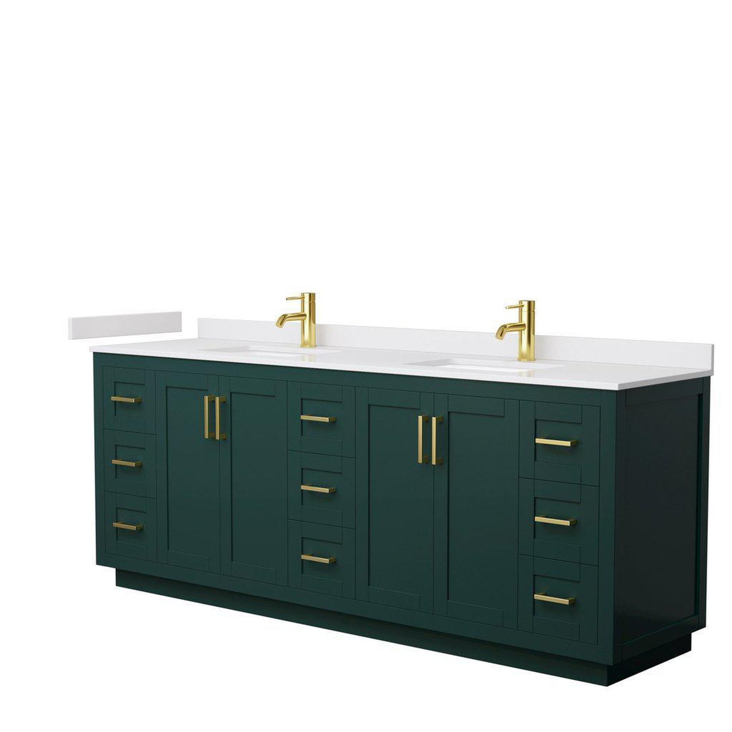 Wyndham Collection Miranda 84" Double Bathroom Green Vanity Set With White Cultured Marble Countertop, Undermount Square Sink, And Brushed Gold Trim