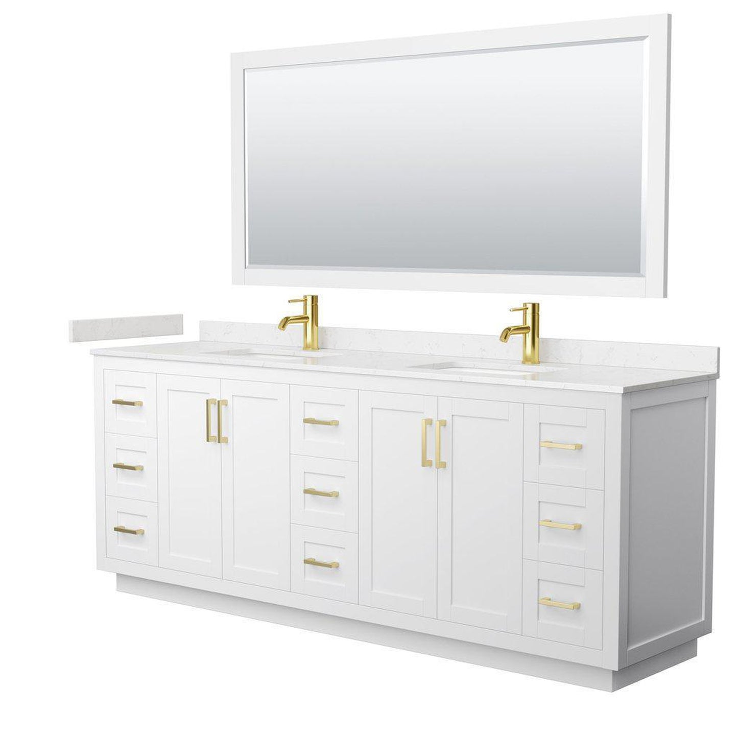 Wyndham Collection Miranda 84" Double Bathroom White Vanity Set With Light-Vein Carrara Cultured Marble Countertop, Undermount Square Sink, 70" Mirror And Brushed Gold Trim
