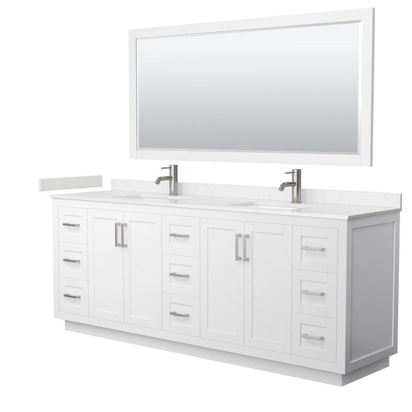 Wyndham Collection Miranda 84" Double Bathroom White Vanity Set With Light-Vein Carrara Cultured Marble Countertop, Undermount Square Sink, 70" Mirror And Brushed Nickel Trim