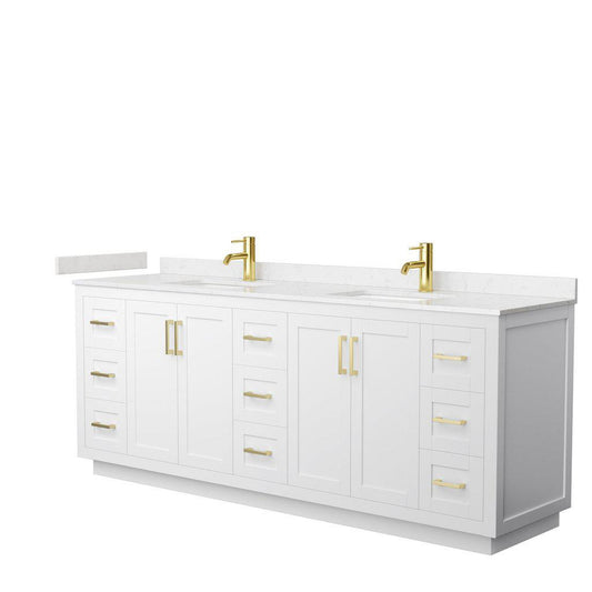 Wyndham Collection Miranda 84" Double Bathroom White Vanity Set With Light-Vein Carrara Cultured Marble Countertop, Undermount Square Sink, And Brushed Gold Trim