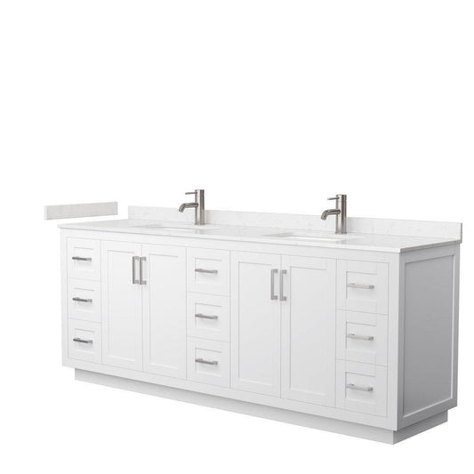 Wyndham Collection Miranda 84" Double Bathroom White Vanity Set With Light-Vein Carrara Cultured Marble Countertop, Undermount Square Sink, And Brushed Nickel Trim