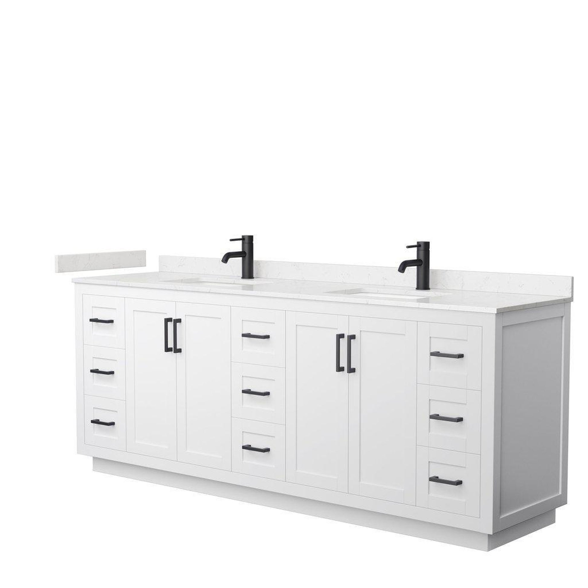 Wyndham Collection Miranda 84" Double Bathroom White Vanity Set With Light-Vein Carrara Cultured Marble Countertop, Undermount Square Sink, And Matte Black Trim