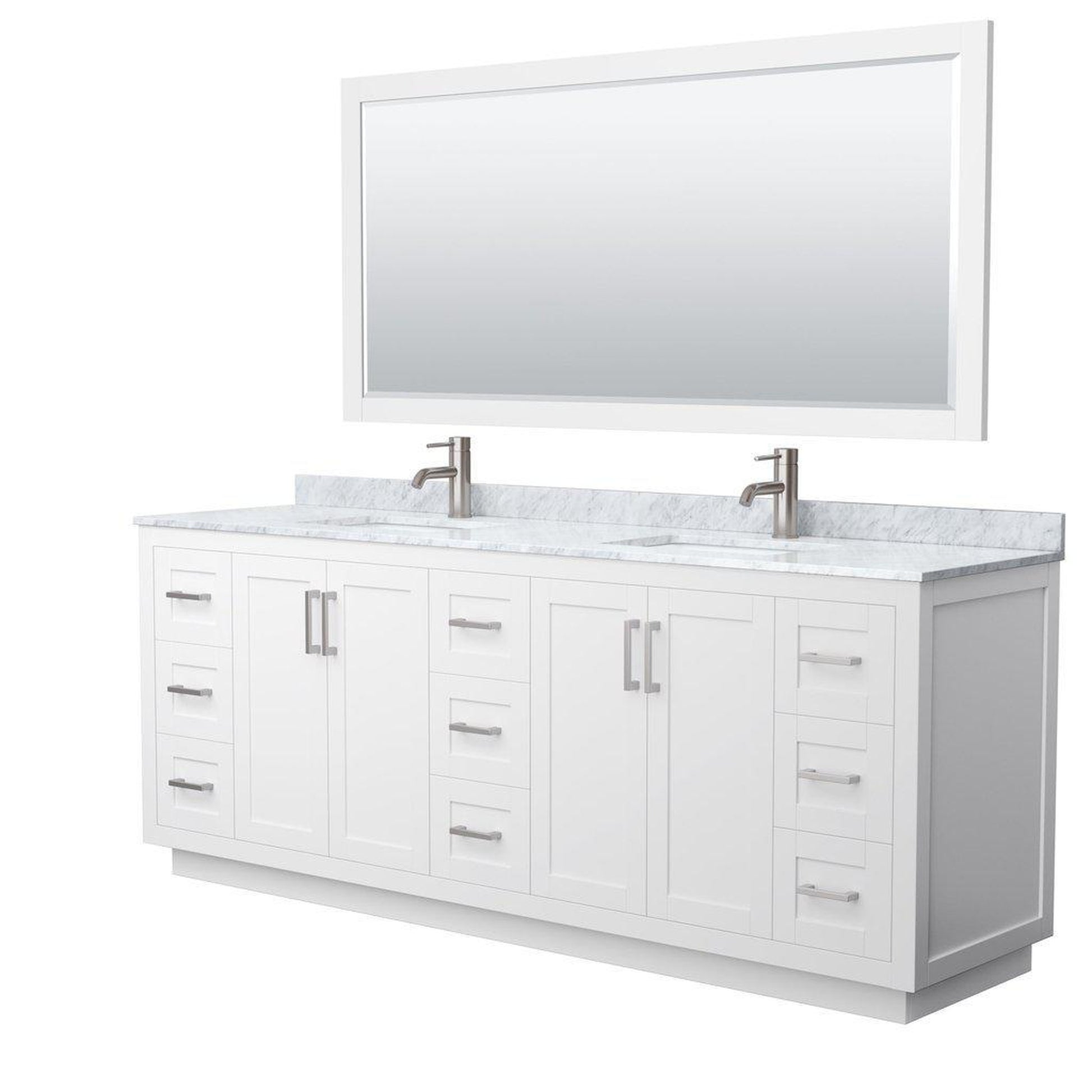 Wyndham Collection Miranda 84" Double Bathroom White Vanity Set With White Carrara Marble Countertop, Undermount Square Sink, 70" Mirror And Brushed Nickel Trim