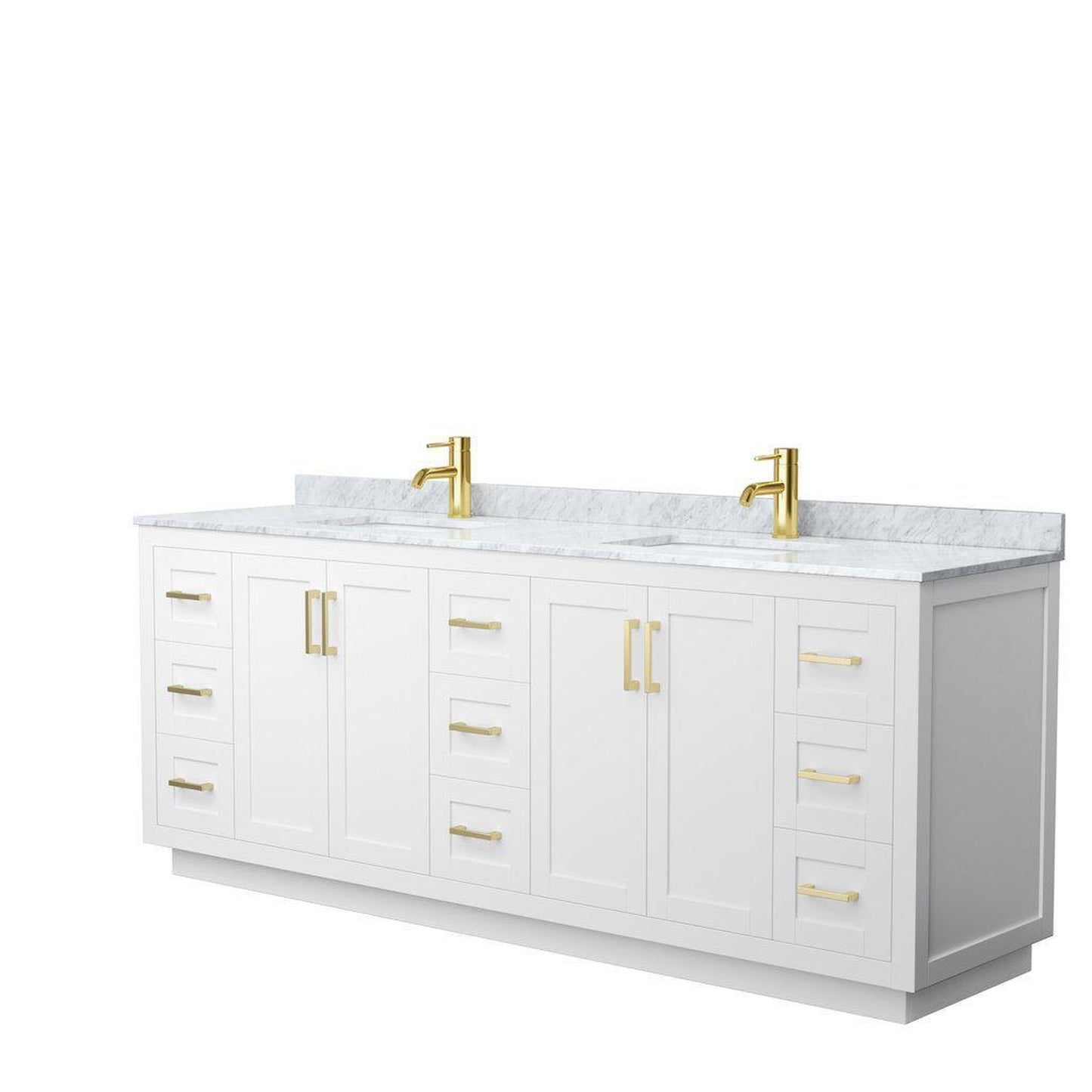 Wyndham Collection Miranda 84" Double Bathroom White Vanity Set With White Carrara Marble Countertop, Undermount Square Sink, And Brushed Gold Trim