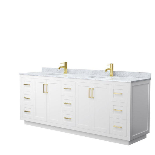 Wyndham Collection Miranda 84" Double Bathroom White Vanity Set With White Carrara Marble Countertop, Undermount Square Sink, And Brushed Gold Trim