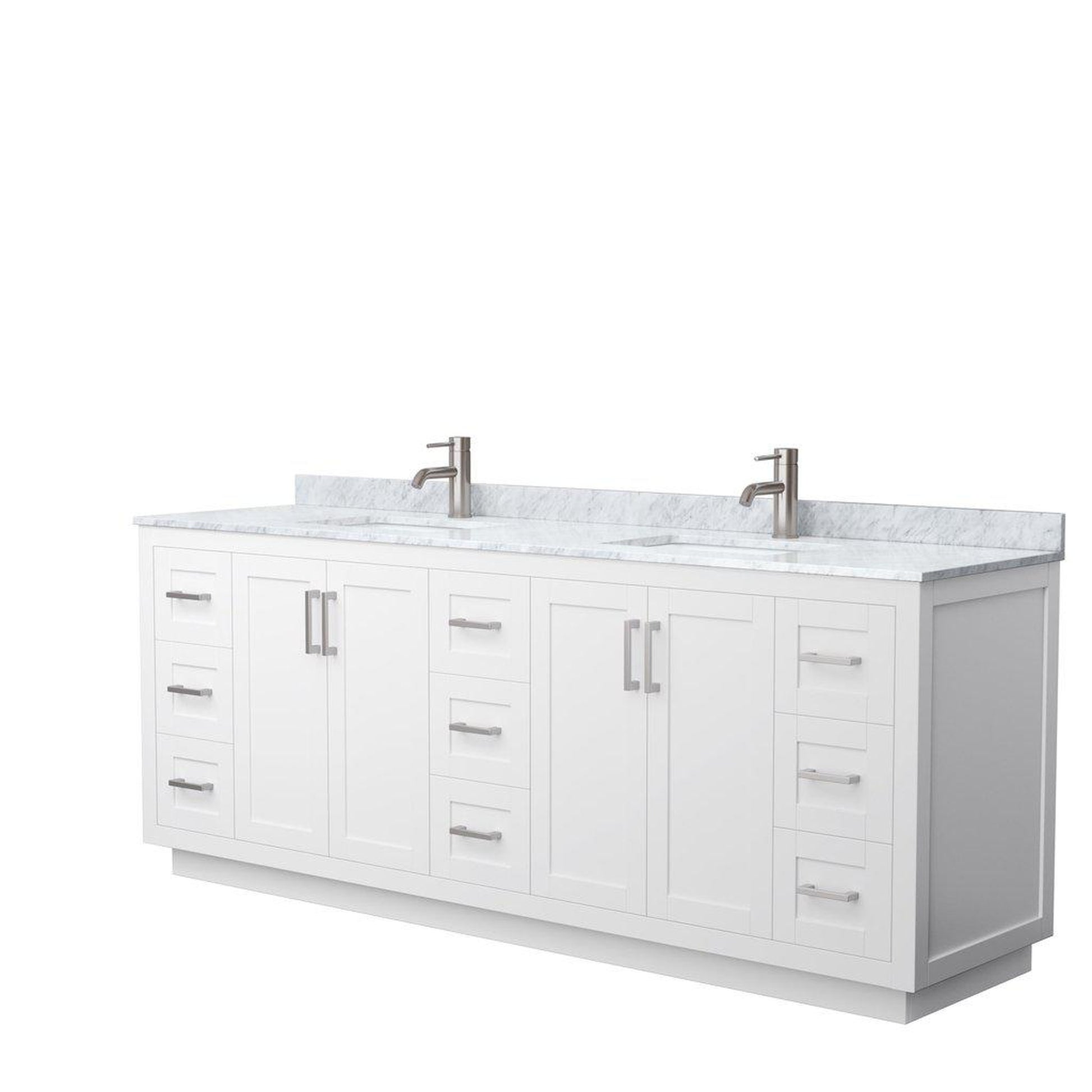 Wyndham Collection Miranda 84" Double Bathroom White Vanity Set With White Carrara Marble Countertop, Undermount Square Sink, And Brushed Nickel Trim