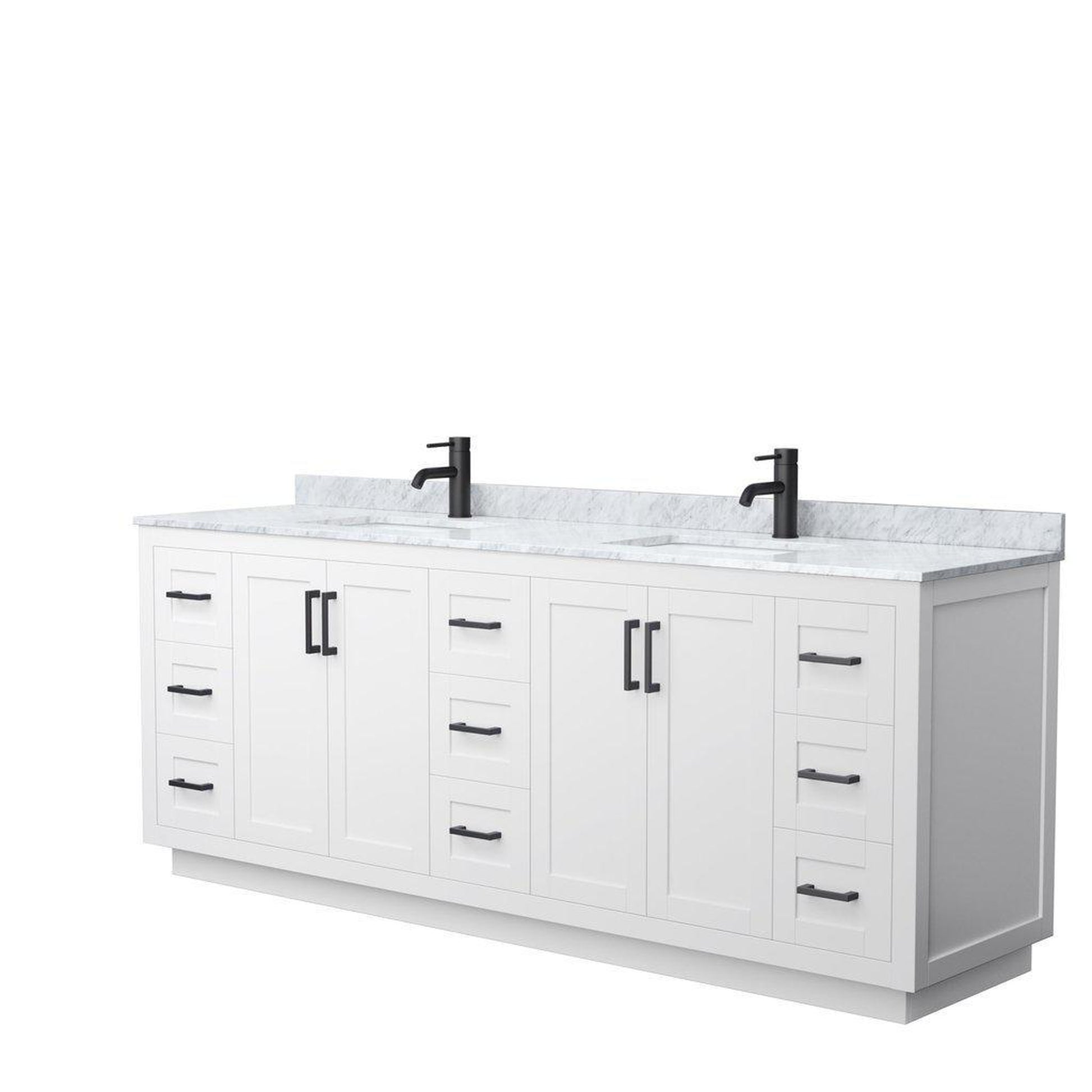 Wyndham Collection Miranda 84" Double Bathroom White Vanity Set With White Carrara Marble Countertop, Undermount Square Sink, And Matte Black Trim