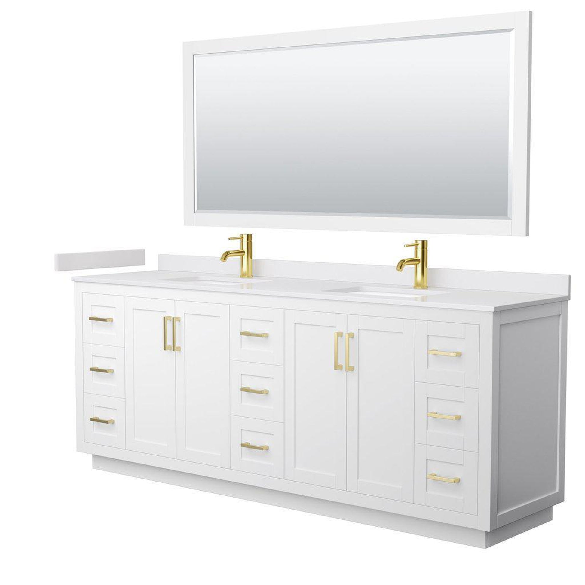 Wyndham Collection Miranda 84" Double Bathroom White Vanity Set With White Cultured Marble Countertop, Undermount Square Sink, 70" Mirror And Brushed Gold Trim