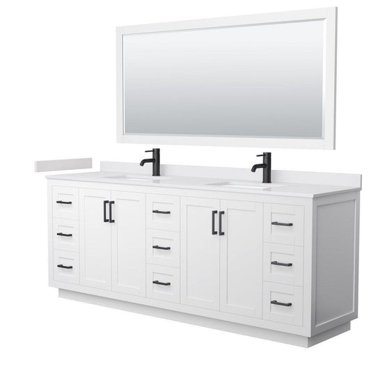 Wyndham Collection Miranda 84" Double Bathroom White Vanity Set With White Cultured Marble Countertop, Undermount Square Sink, 70" Mirror And Matte Black Trim