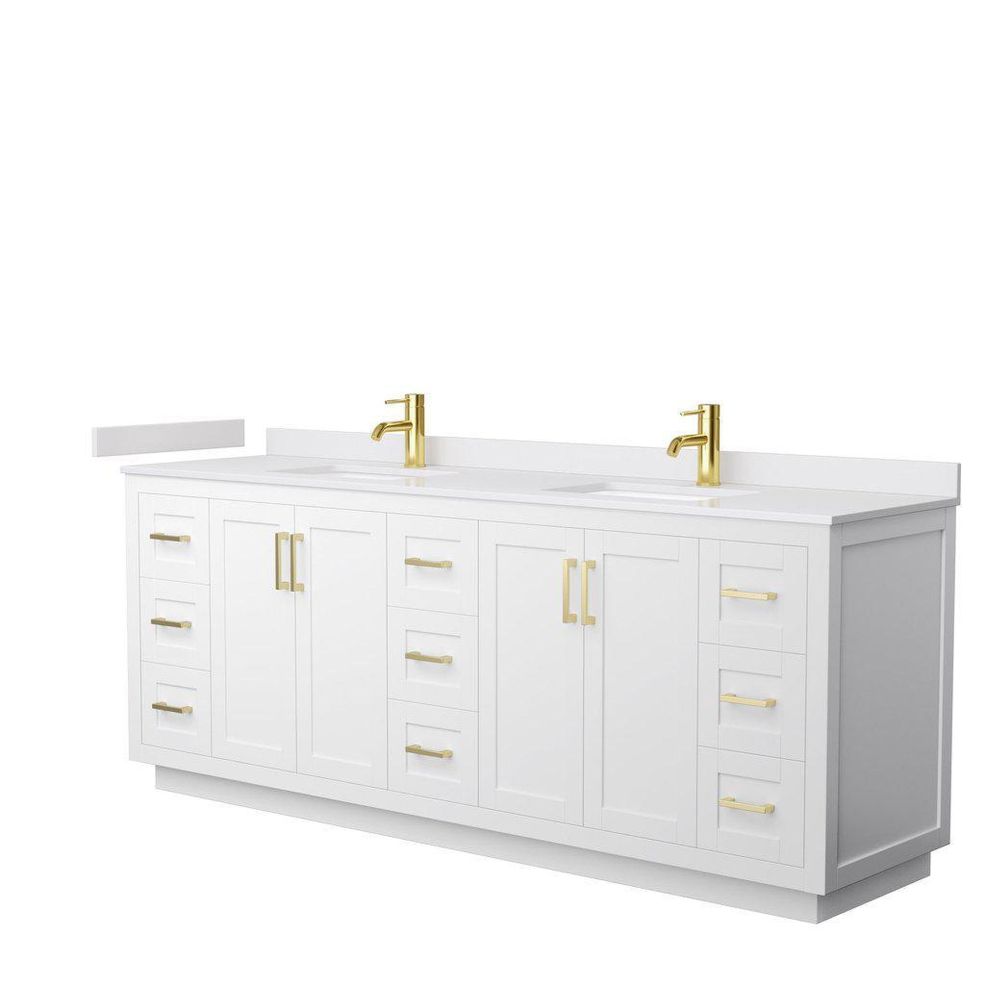 Wyndham Collection Miranda 84" Double Bathroom White Vanity Set With White Cultured Marble Countertop, Undermount Square Sink, And Brushed Gold Trim