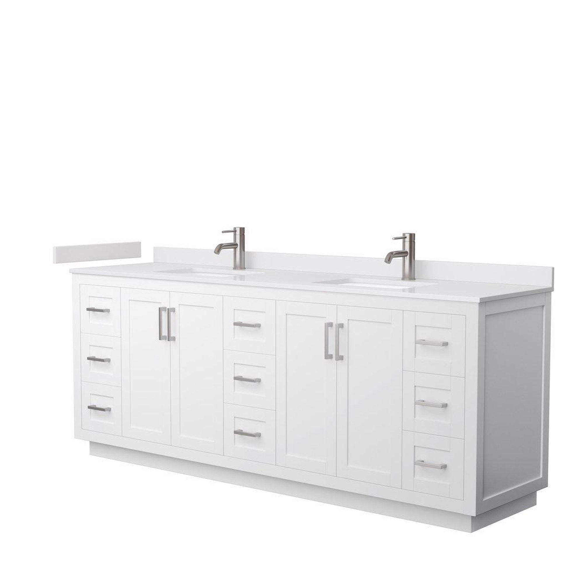 Wyndham Collection Miranda 84" Double Bathroom White Vanity Set With White Cultured Marble Countertop, Undermount Square Sink, And Brushed Nickel Trim