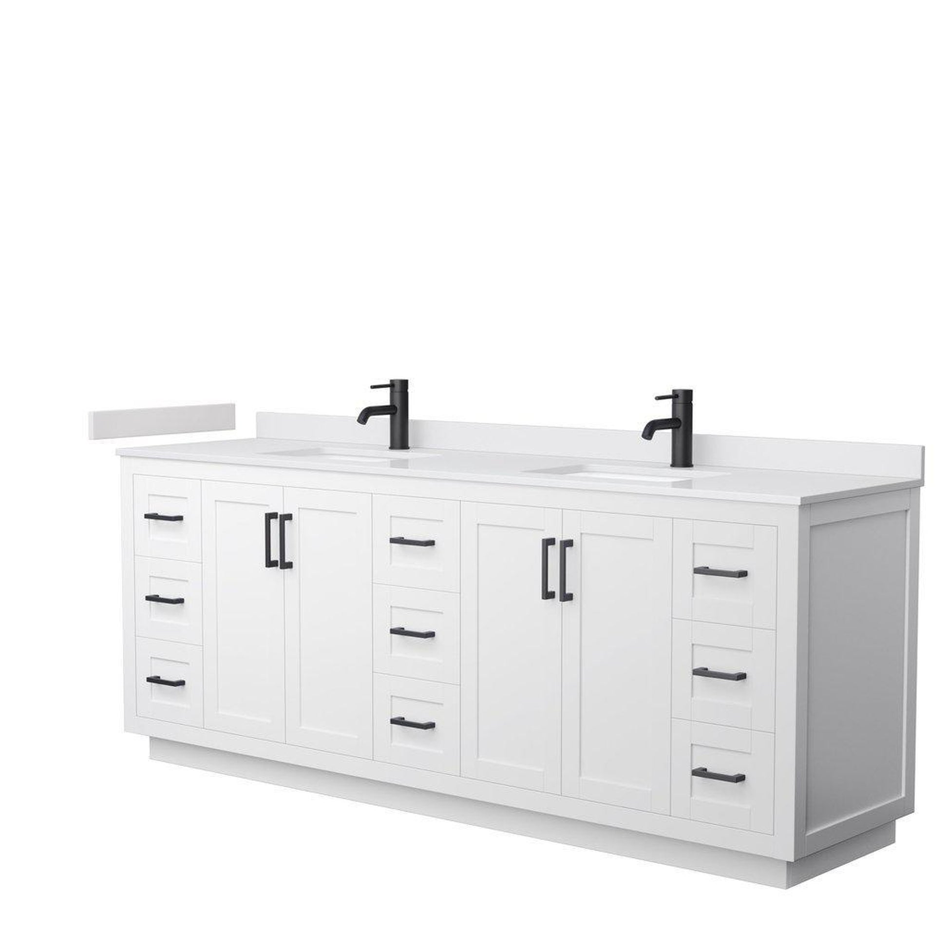 Wyndham Collection Miranda 84" Double Bathroom White Vanity Set With White Cultured Marble Countertop, Undermount Square Sink, And Matte Black Trim