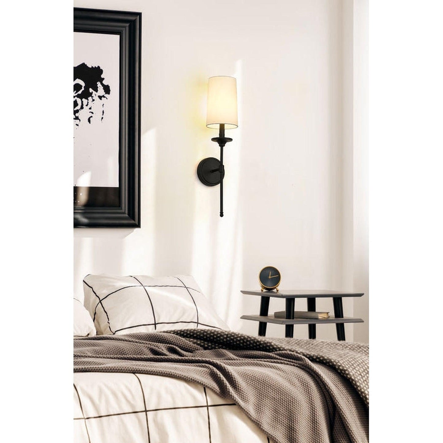 Z-Lite Emily 6" 1-Light Matte Black Wall Sconce With Off-White Cloth Shade