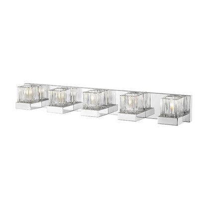 Z-Lite Fallon 34" 5-Light LED Chrome Vanity Light With Clear Ribbed and Frosted Crystal Shade