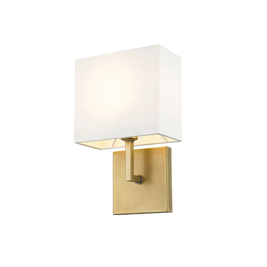 Z-Lite Saxon 7" 1-Light Rubbed Brass Wall Sconce With White Fabric Shade