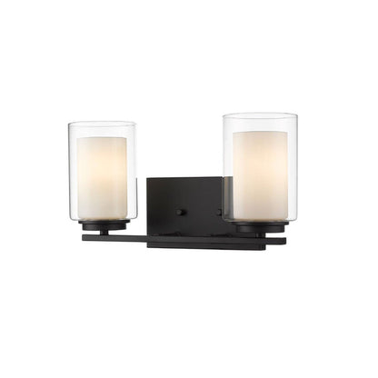 Z-Lite Willow 15" 2-Light Matte Black Vanity Light With Clear and Matte Opal Glass Shade