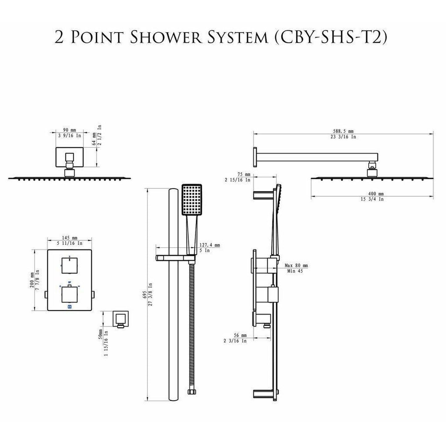 ZLINE Crystal Bay Gun Metal Thermostatic Rain Shower System