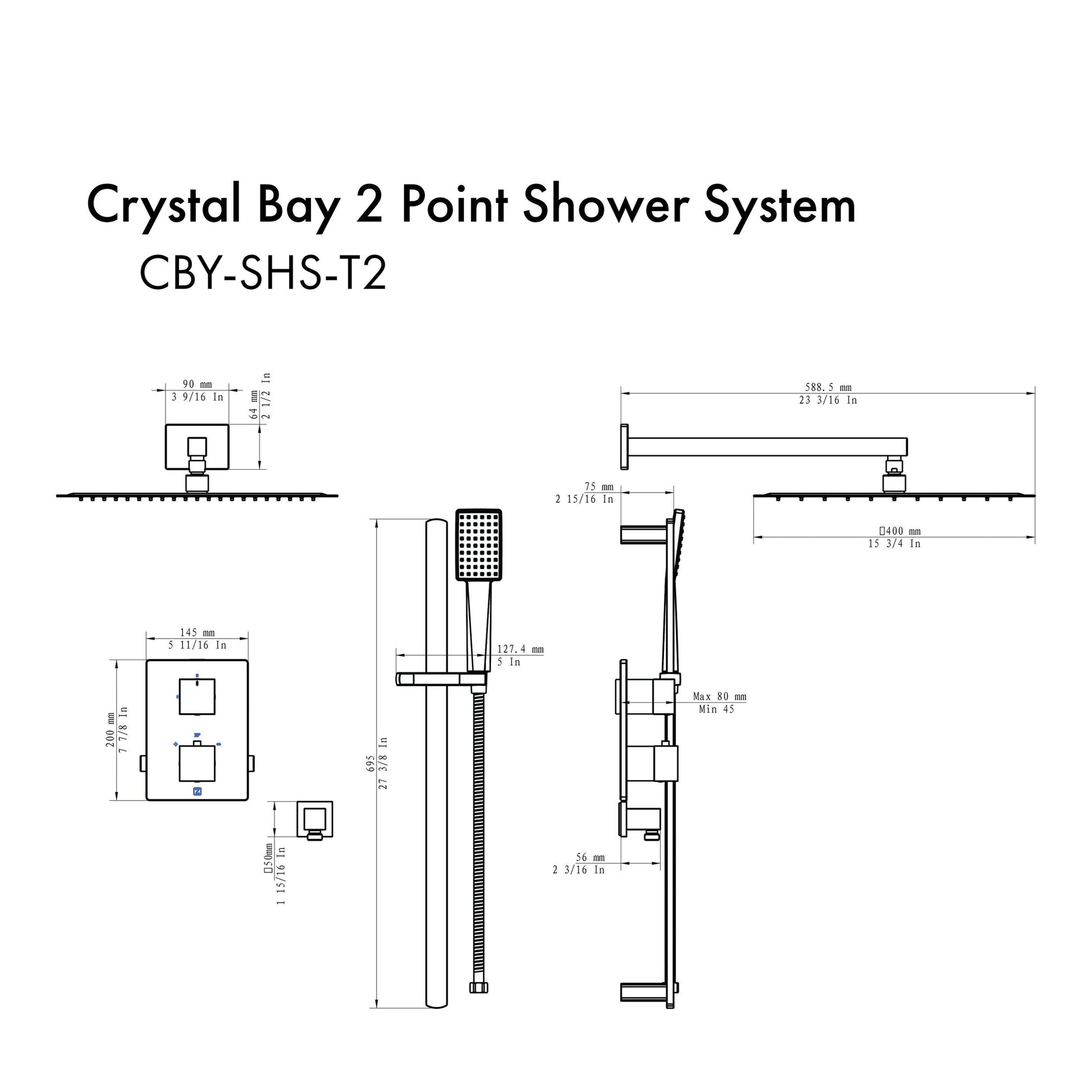 ZLINE Crystal Bay Matte Black Thermostatic Rain Shower System