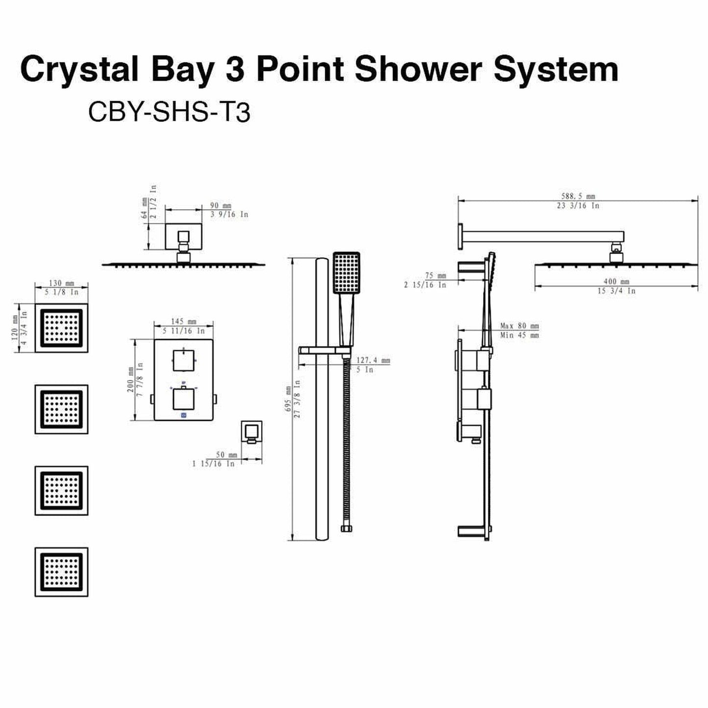 ZLINE Crystal Bay Matte Black Thermostatic Rain Shower System With 4 Body Jets