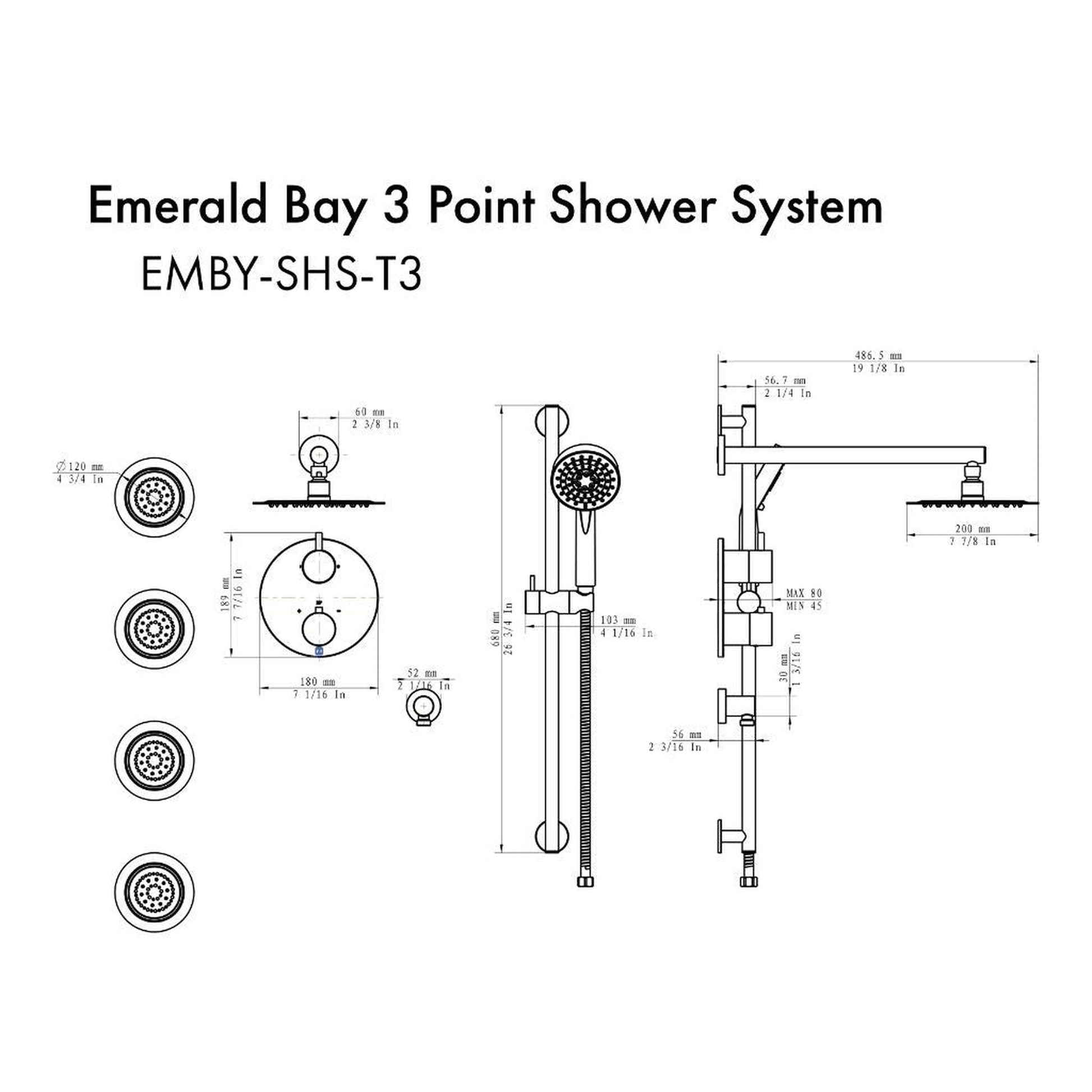 ZLINE Emerald Bay Matte Black Thermostatic Rain Shower System With 4 Body Jets