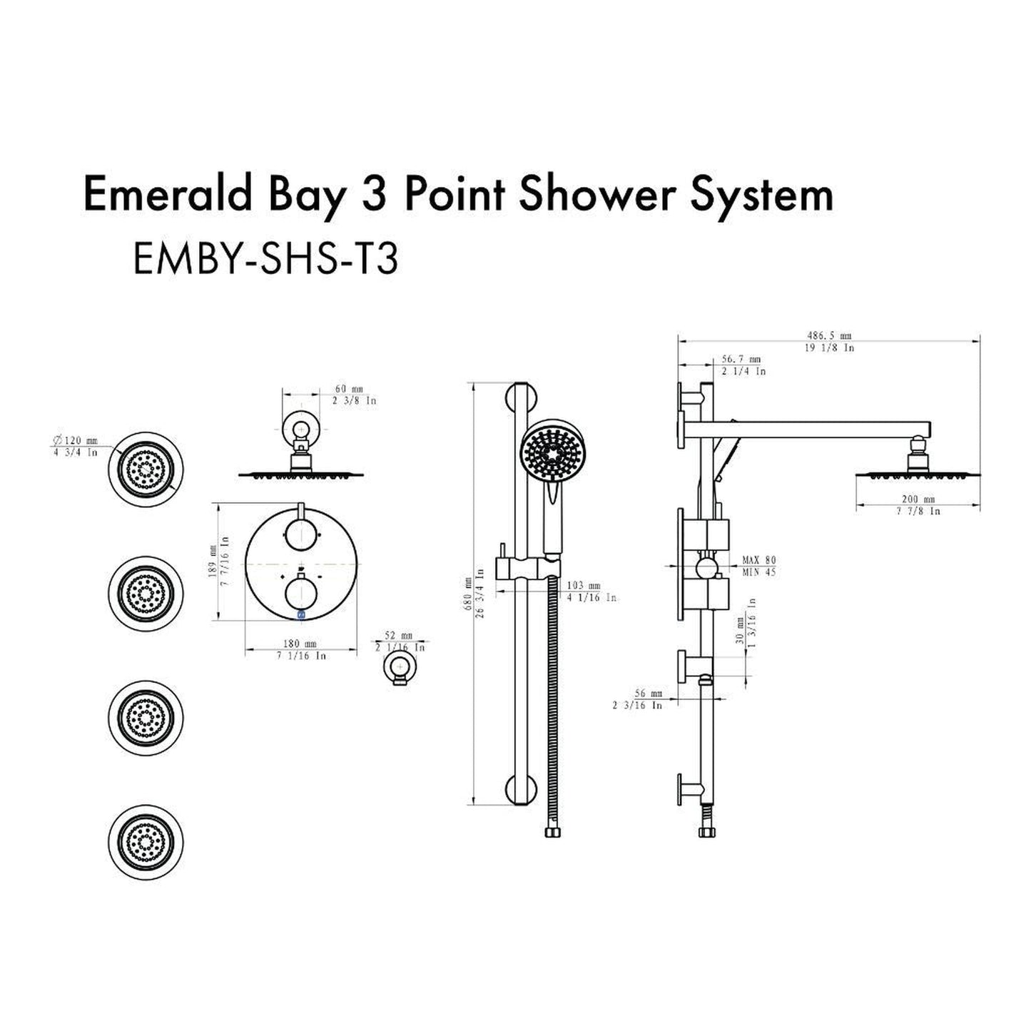 ZLINE Emerald Bay Polished Gold Thermostatic Rain Shower System With 4 Body Jets